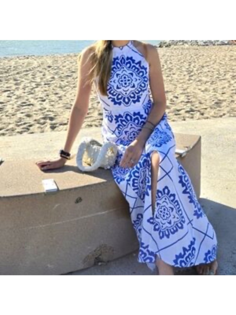 1. State Portuguese Tile Halter Open Back Linen Blend Maxi Dress Large